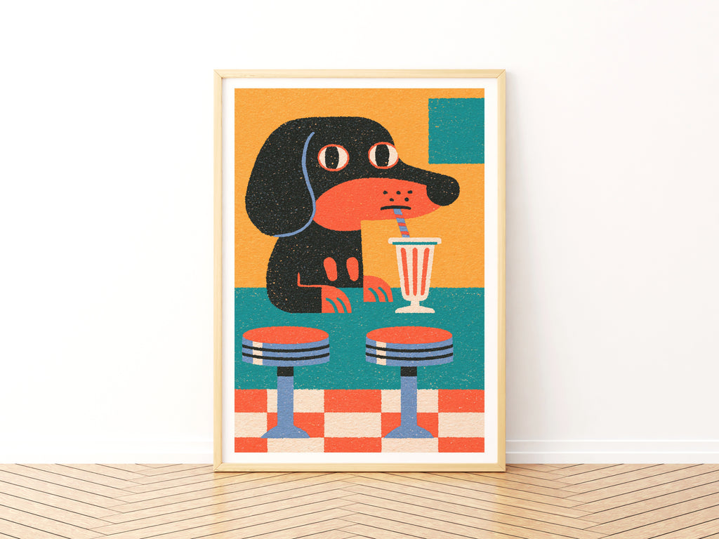 Retro Dachshund Diner Art Print, Sausage Dog Milkshake, Funky Dog Wall Art, 1950s Folk Style