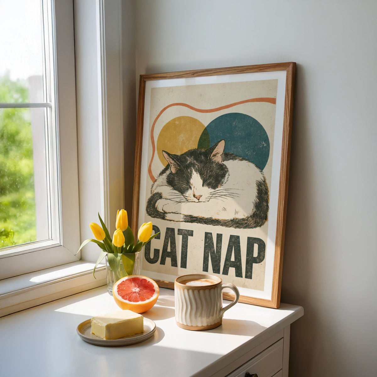 Cat Nap Retro Print, Sleeping Cat Wall Art, Vintage Folk Style Tuxedo Cat, Gift for Cat Lovers
