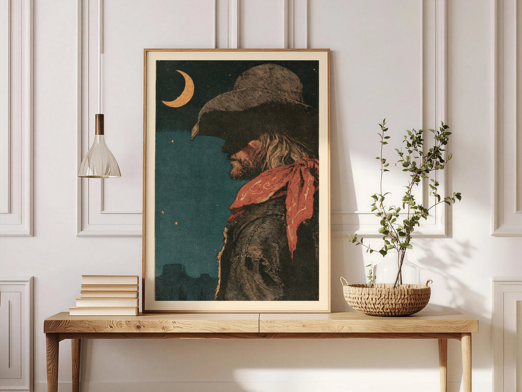 Western Cowboy Print, Vintage Woodcut Style Wall Art, Crescent Moon Desert Night, Red Bandana Poster