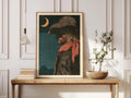 Western Cowboy Print, Vintage Woodcut Style Wall Art, Crescent Moon Desert Night, Red Bandana Poster