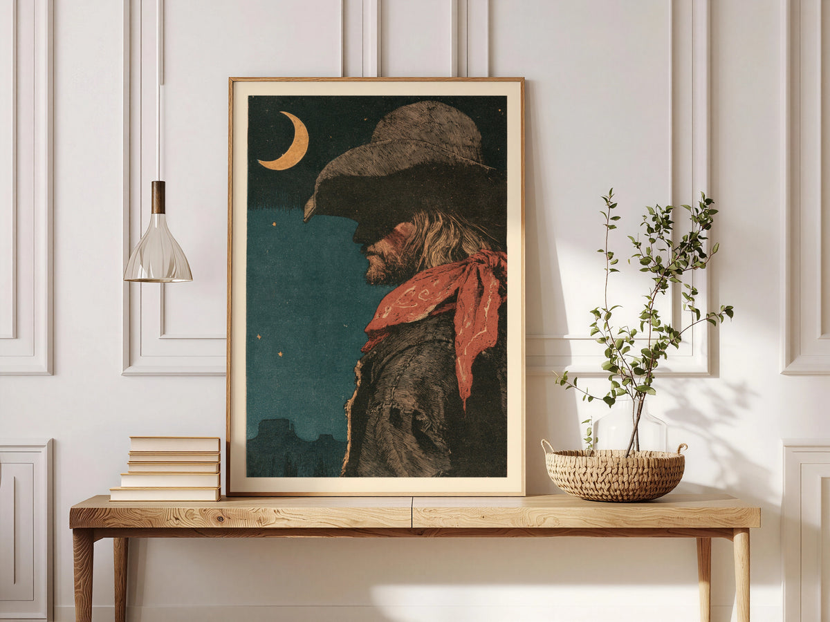 Western Cowboy Print, Vintage Woodcut Style Wall Art, Crescent Moon Desert Night, Red Bandana Poster