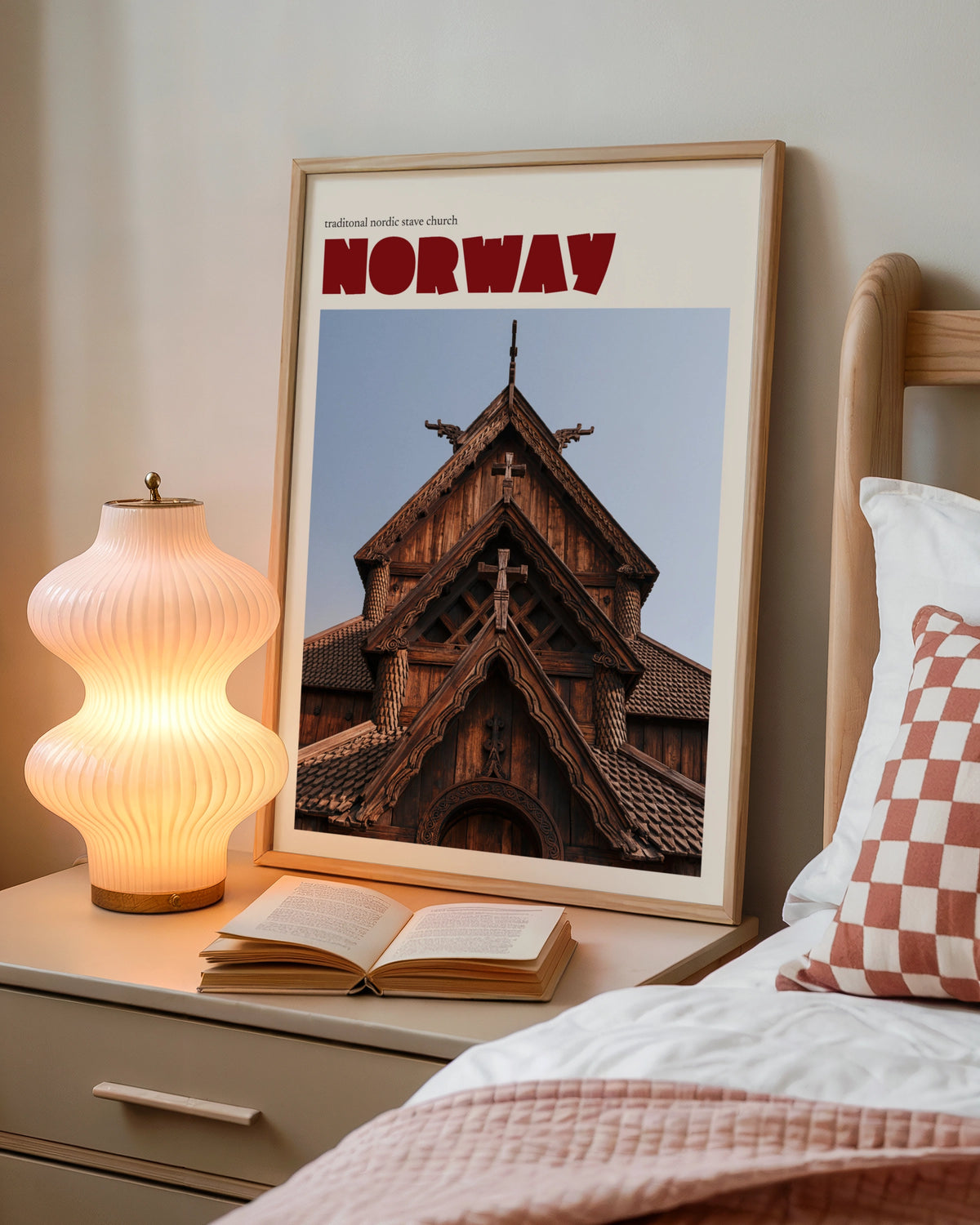 Norway Stave Church Poster, Vintage Travel Print, Nordic Wall Art, Retro Scandinavian Decor