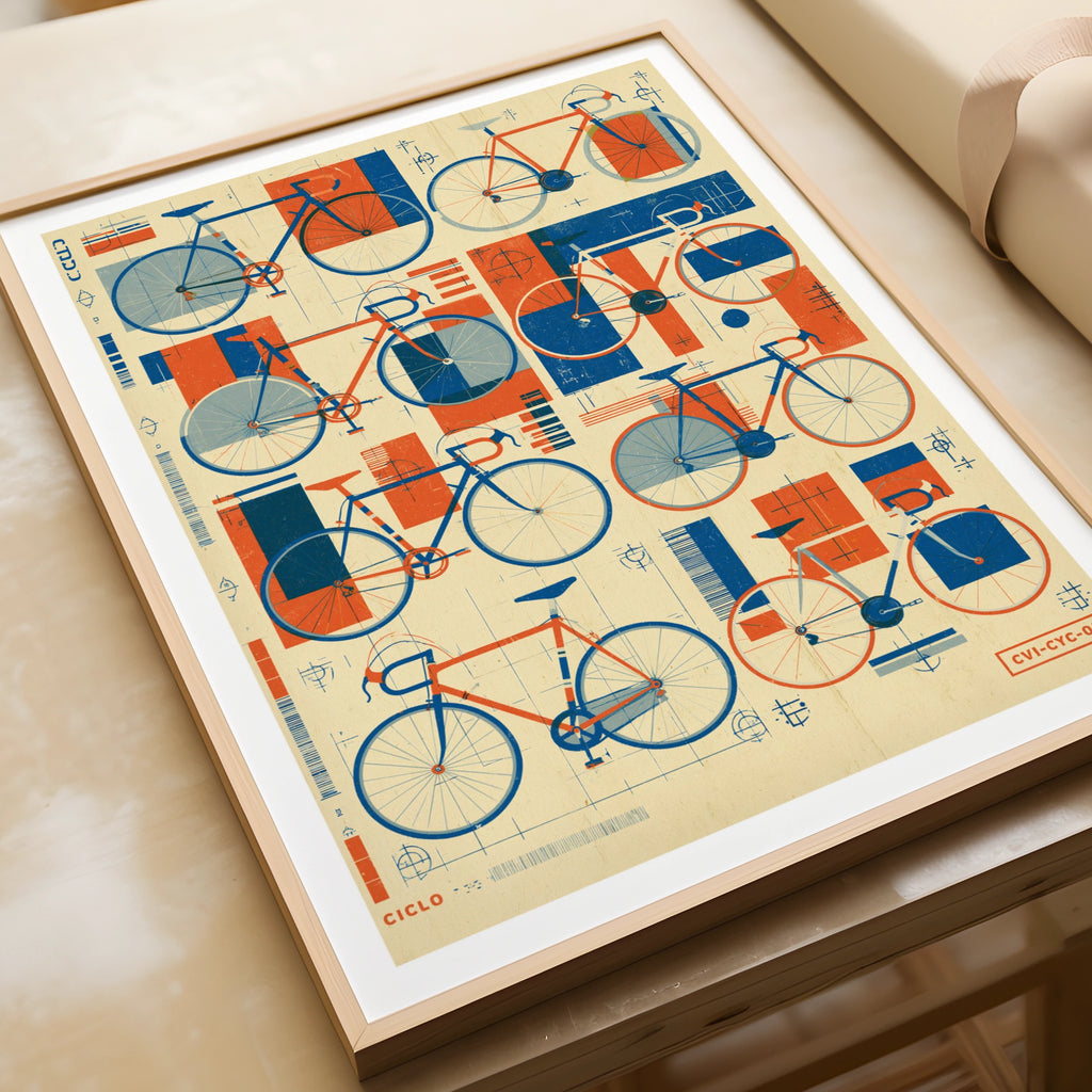 Retro Bicycle Poster, Vintage Cycling Blueprint Art Print, Blue Orange Bike Wall Art