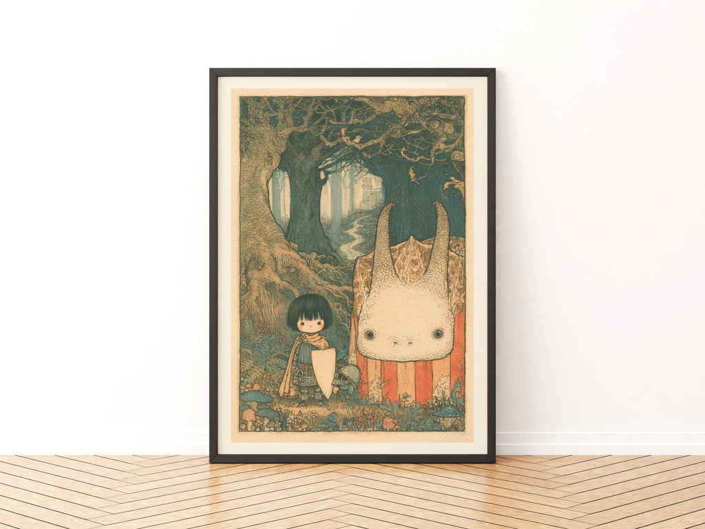 Retro Fantasy Forest Child Print, Woodland Monster Art, Kids Wall Poster Collectable