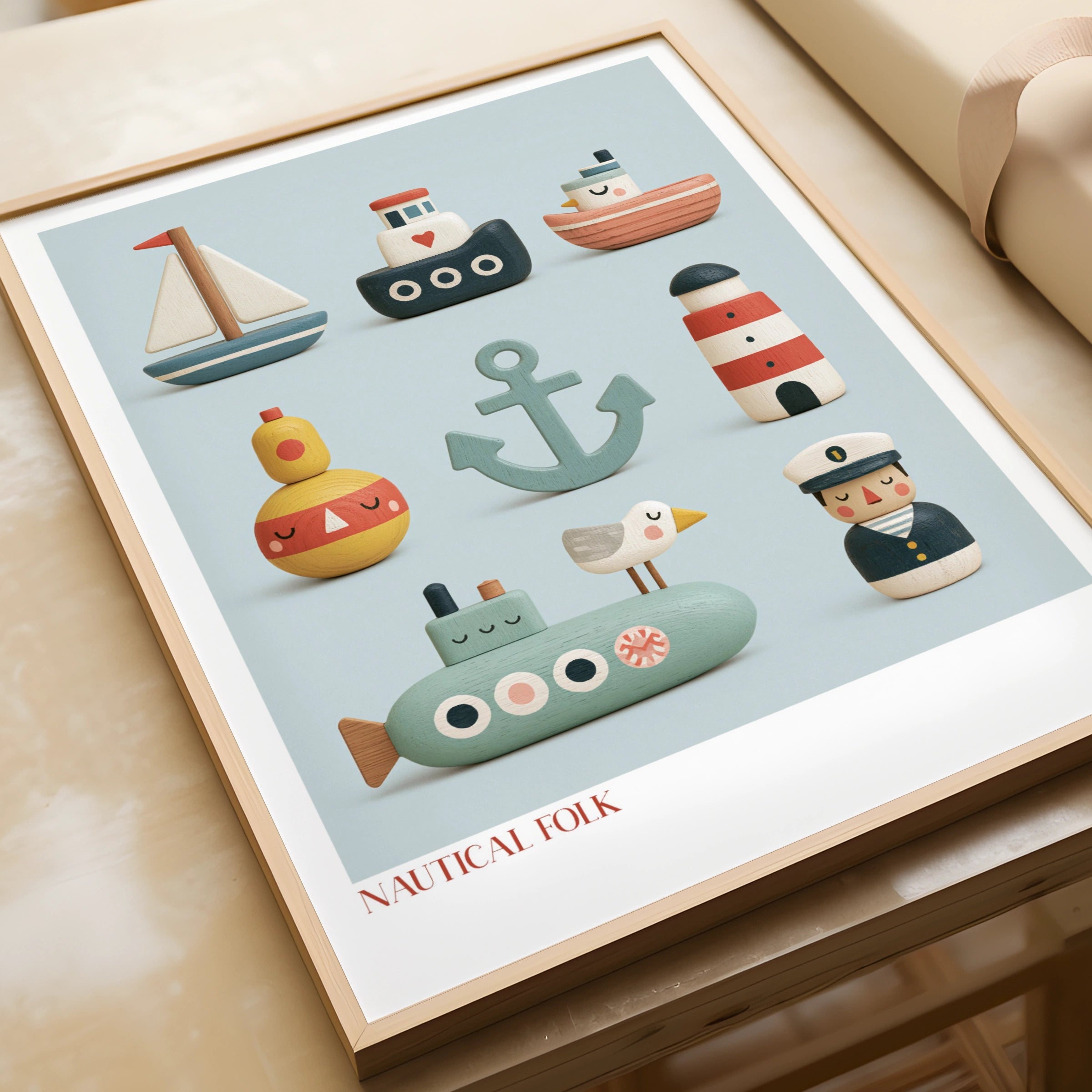 Nautical Folk Art Print, Retro Wooden Toy Poster, Children's Collectable, Kids Bedroom Sea Wall Art