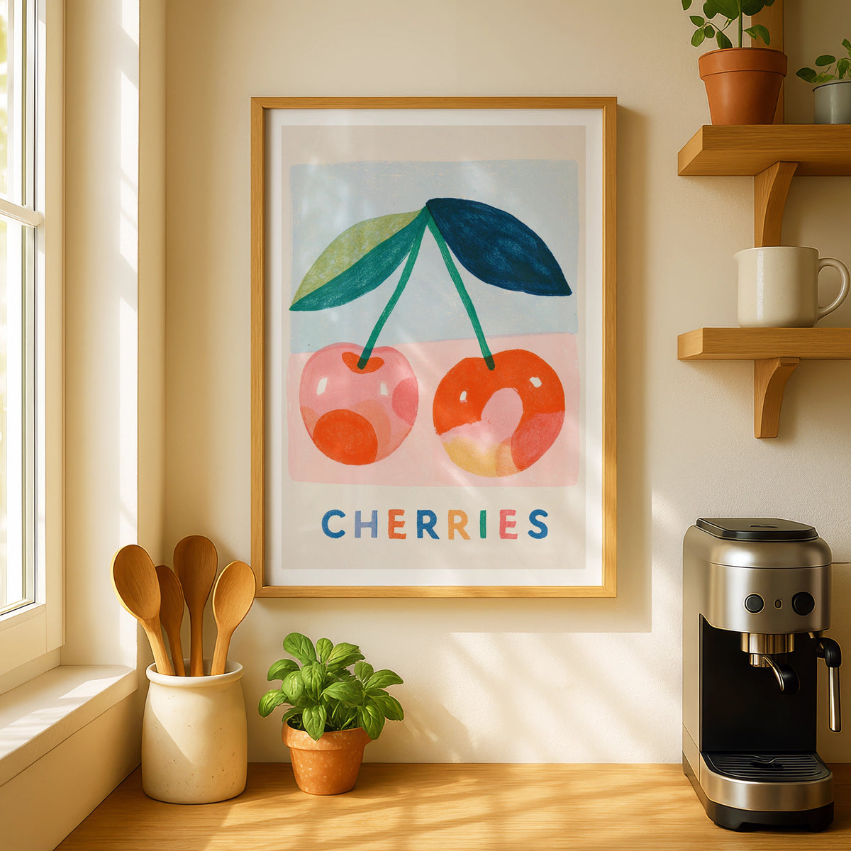 Cherries Vintage Food Poster Print, Rustic Kitchen Decor, Retro Mid Century Risograph Fruit Art