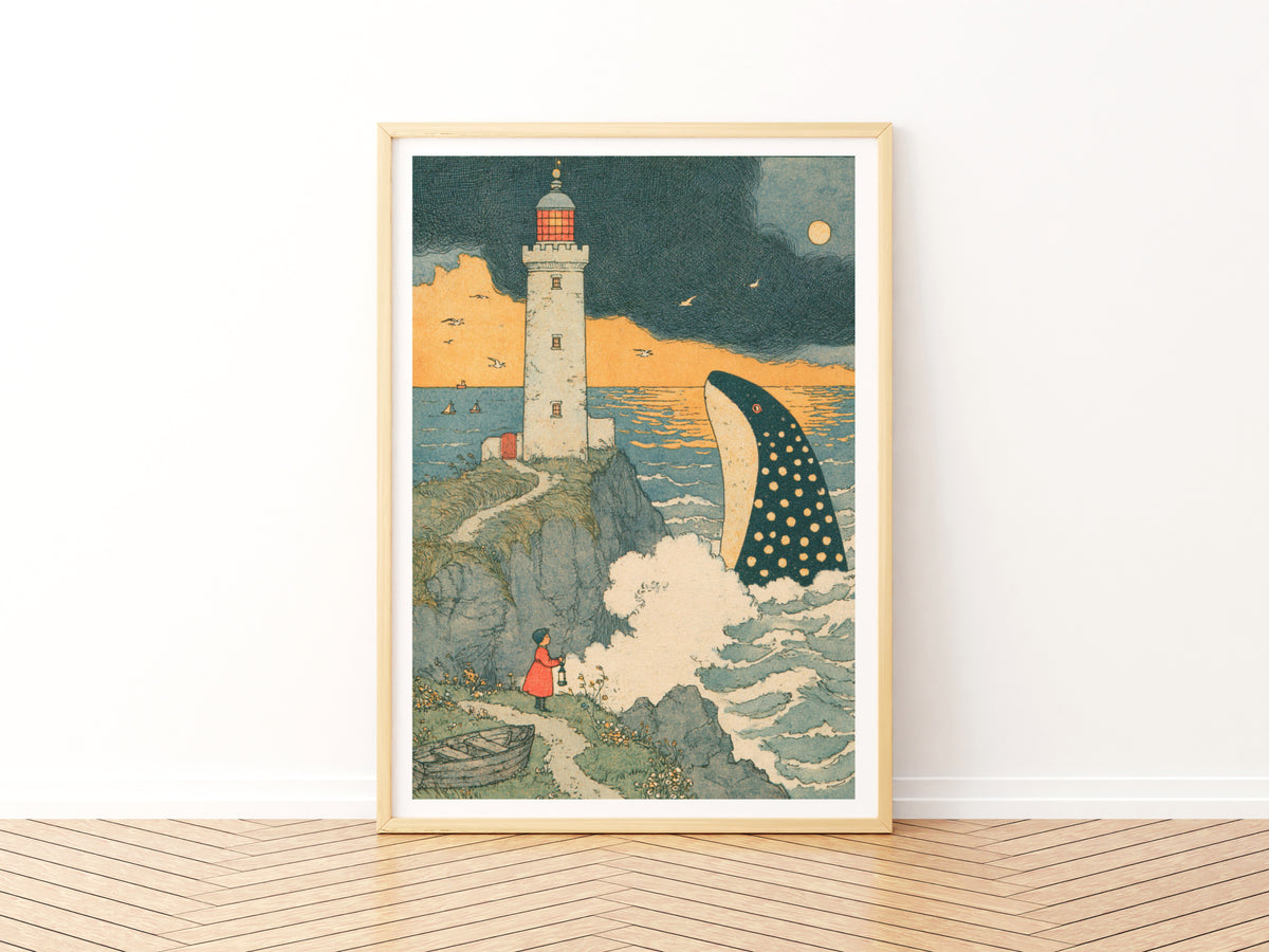 Vintage Storybook Lighthouse Print, Whale Illustration, Coastal Nursery Wall Art, Child with