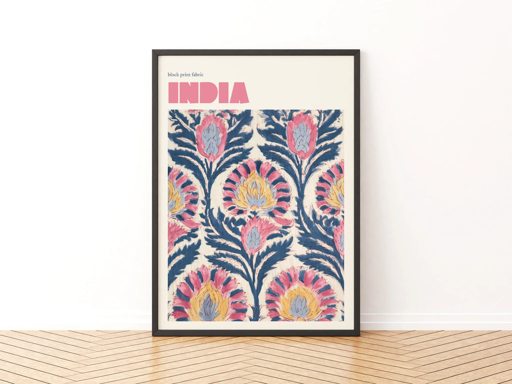India Block Print Fabric Contemporary Travel Art, Floral Wall Art Print, Pink Blue