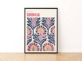 India Block Print Fabric Contemporary Travel Art, Floral Wall Art Print, Pink Blue
