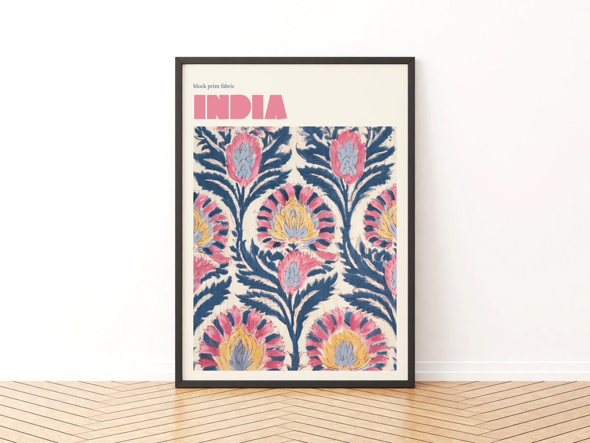 India Block Print Fabric Contemporary Travel Art, Floral Wall Art Print, Pink Blue