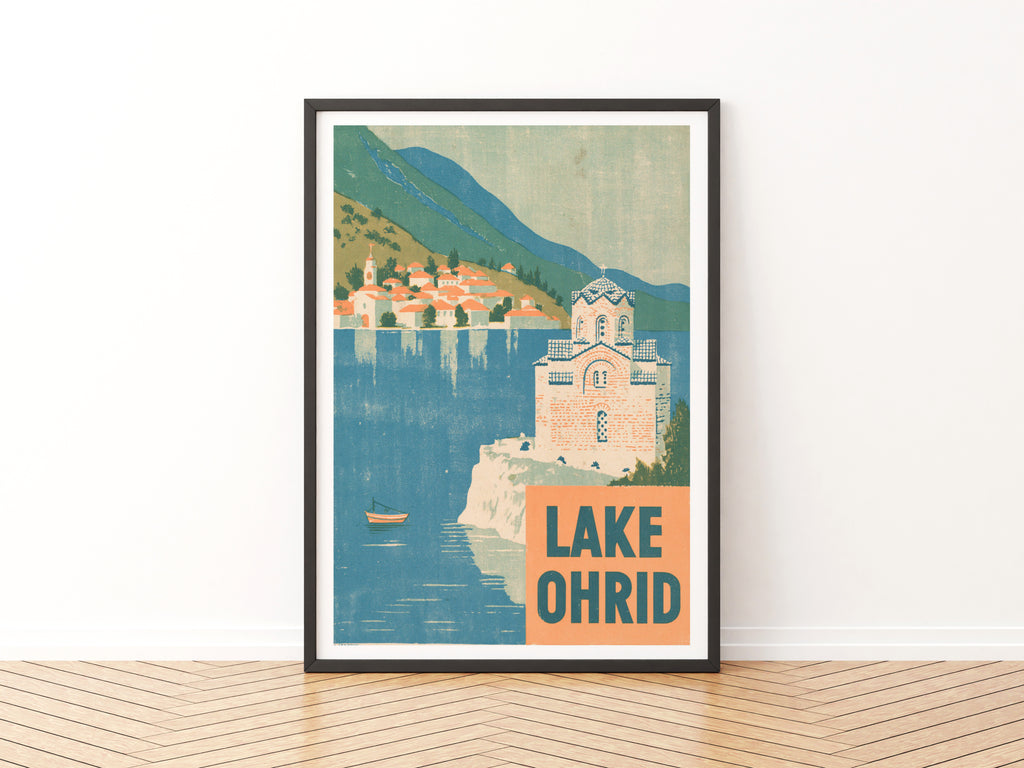Retro Lake Ohrid Poster, Vintage Travel Print, North Macedonia Church Wall Art, Balkans Gift
