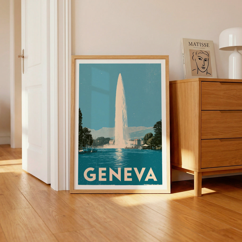 Geneva Retro Travel Poster, Jet d'Eau Switzerland Wall Art, Lake Geneva Print
