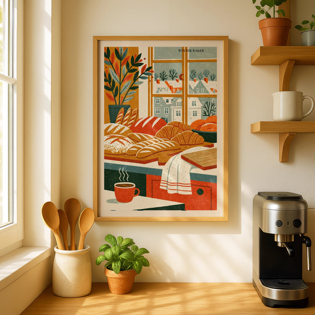 Vintage Food Poster Print, Winter Baker Bread Art, Rustic Kitchen Decor, Retro Mid Century Risograph