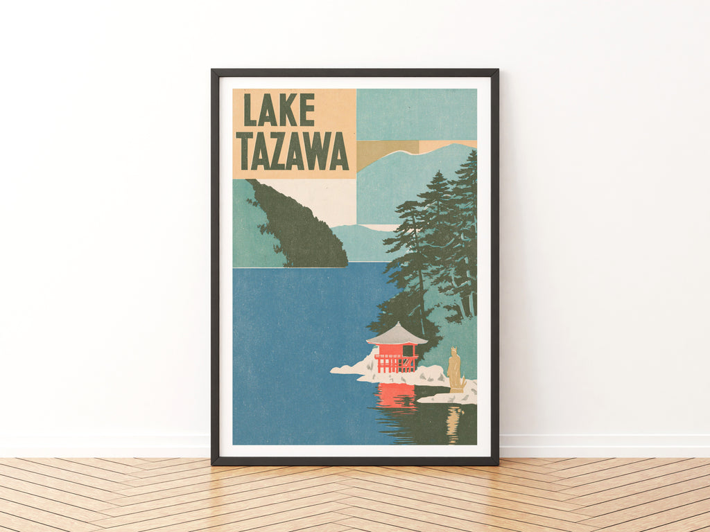Retro Lake Tazawa Japan Poster, Vintage Travel Print, Akita Pine Trees Red Pavilion Wall Art