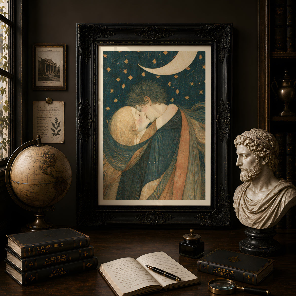 Celestial Lovers Art Print, Crescent Moon and Stars Wall Art, Vintage Romantic Embrace Poster