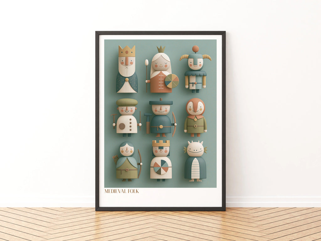 Medieval Folk Retro Children's Print, Wooden Toy Characters, Kids Wall Art Poster