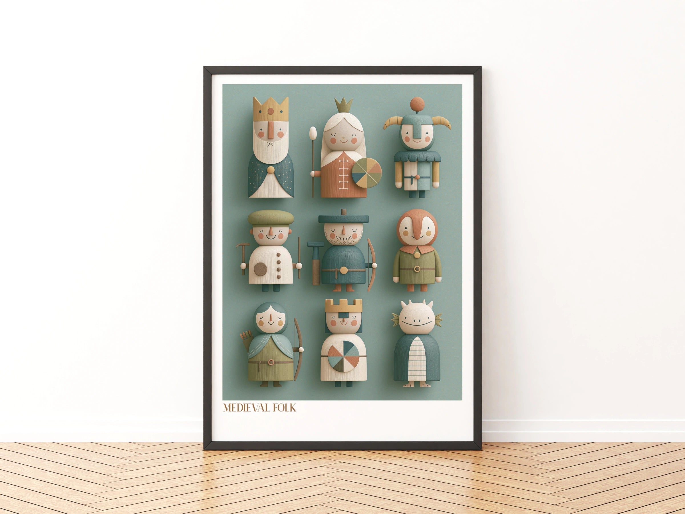 Medieval Folk Retro Children's Print, Wooden Toy Characters, Kids Wall Art Poster