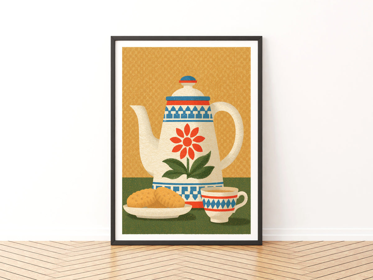 Vintage Food Poster Print, Retro Mid Century Teapot Art, Rustic Kitchen Decor, Risograph Style