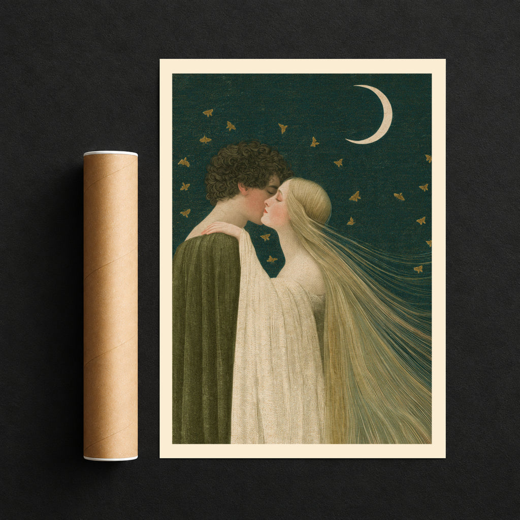 Romantic Couple Kissing Under Crescent Moon, Vintage Art Nouveau Print, Moths, Night Sky Wall Art
