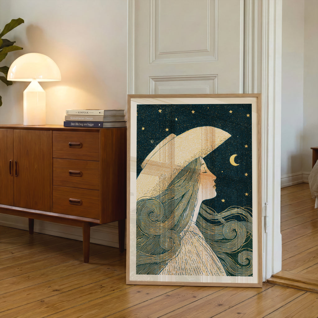 Celestial Woman Moon Stars Art Nouveau Print, Vintage Night Sky Wall Art, Whimsical Bedroom Poster