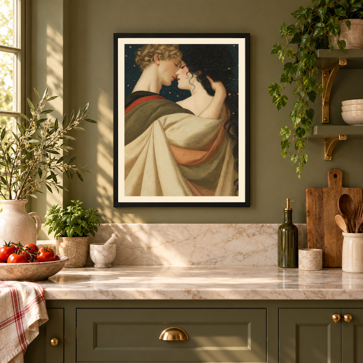 Romantic Couple Art Print, Vintage Lovers Poster, Starry Night Sky Wall Art, Bedroom Wall Decor
