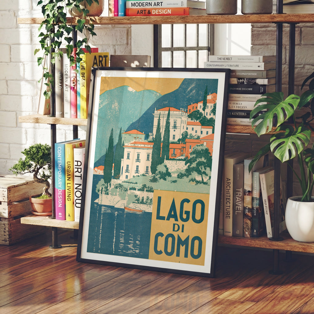 Retro Lago di Como Poster, Vintage Travel Print, Italian Lake Villa Wall Art, Lake Como Italy Decor