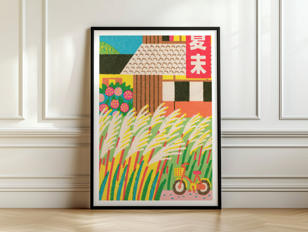 Retro Japanese Matchbox Art Print, Pampas Grass Poster, Vintage Style Bicycle Illustration Wall Art