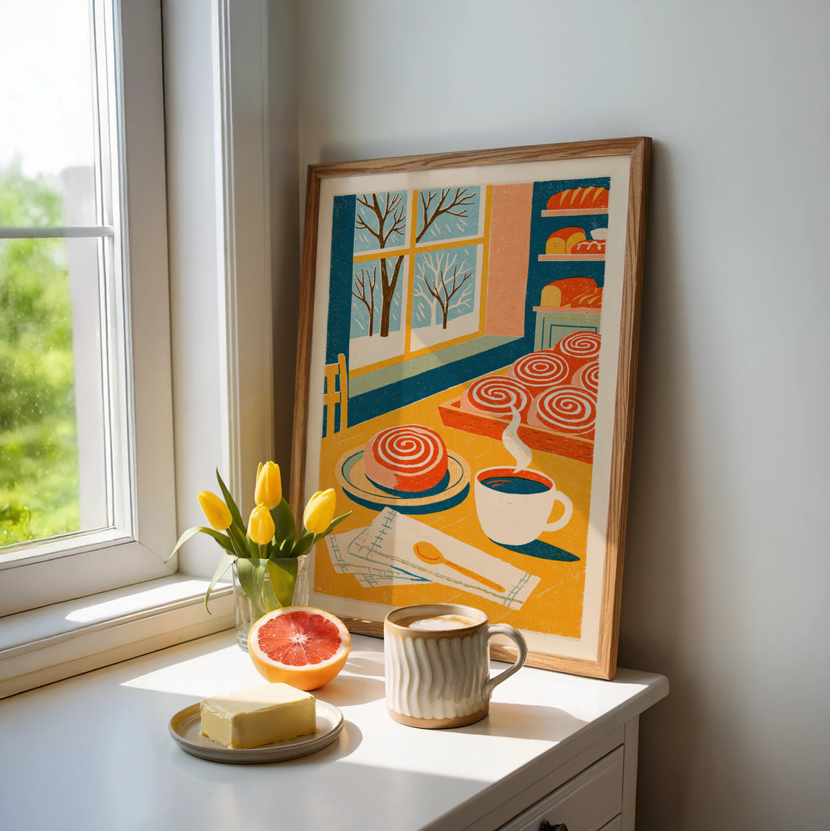 Vintage Food Poster Print, Cinnamon Roll Bakery, Rustic Kitchen Decor, Retro Mid Century Risograph