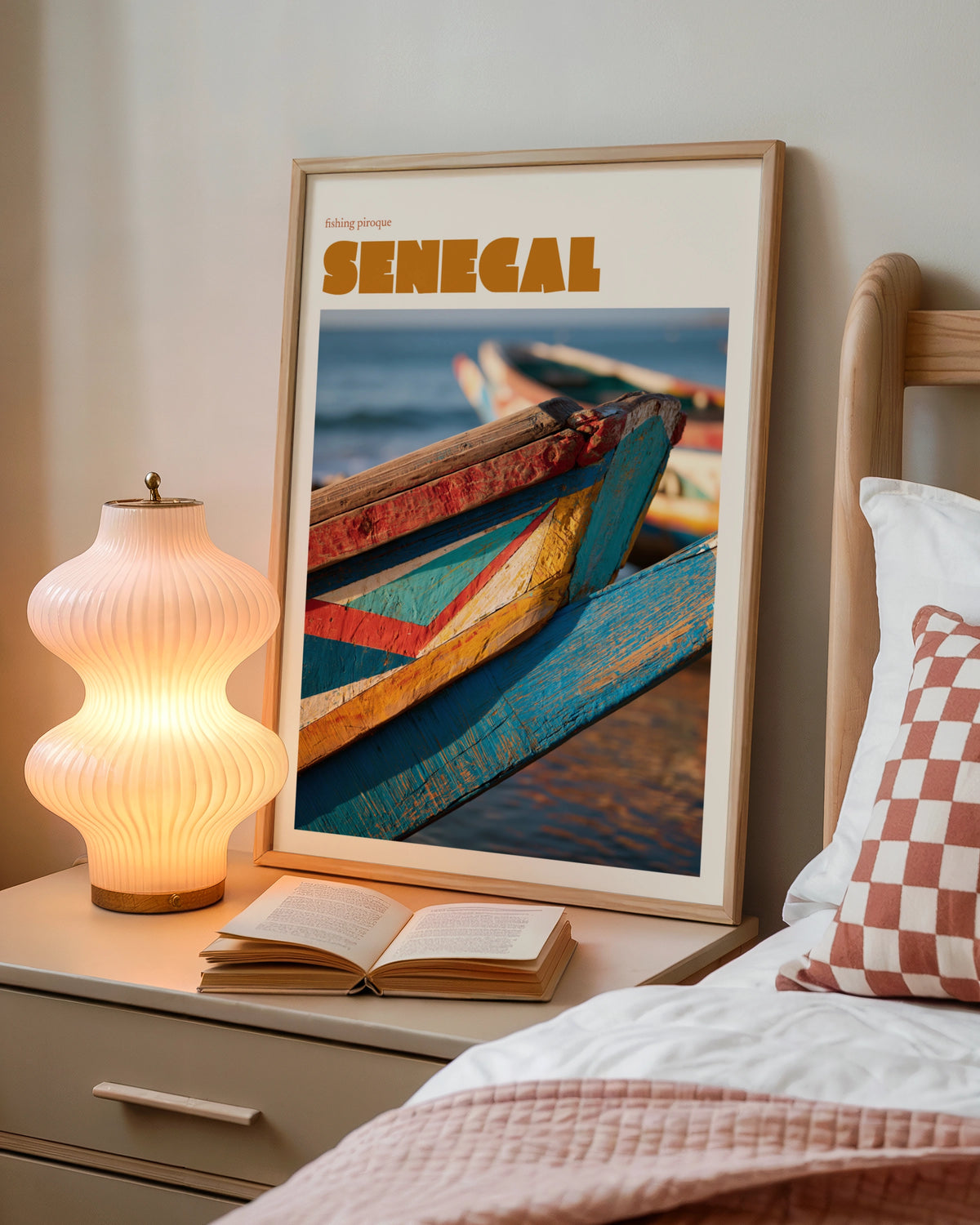 Senegal Travel Print, contemporary African Wall Art, Fishing Pirogue Boat Coastal Decor