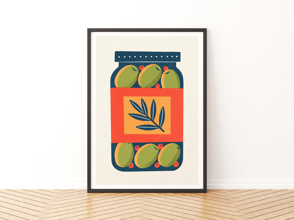 Olive Jar Print, Vintage Food Poster Print, Olive Jar Retro Mid Century Risograph, Rustic Kitchen Decor Wall Art