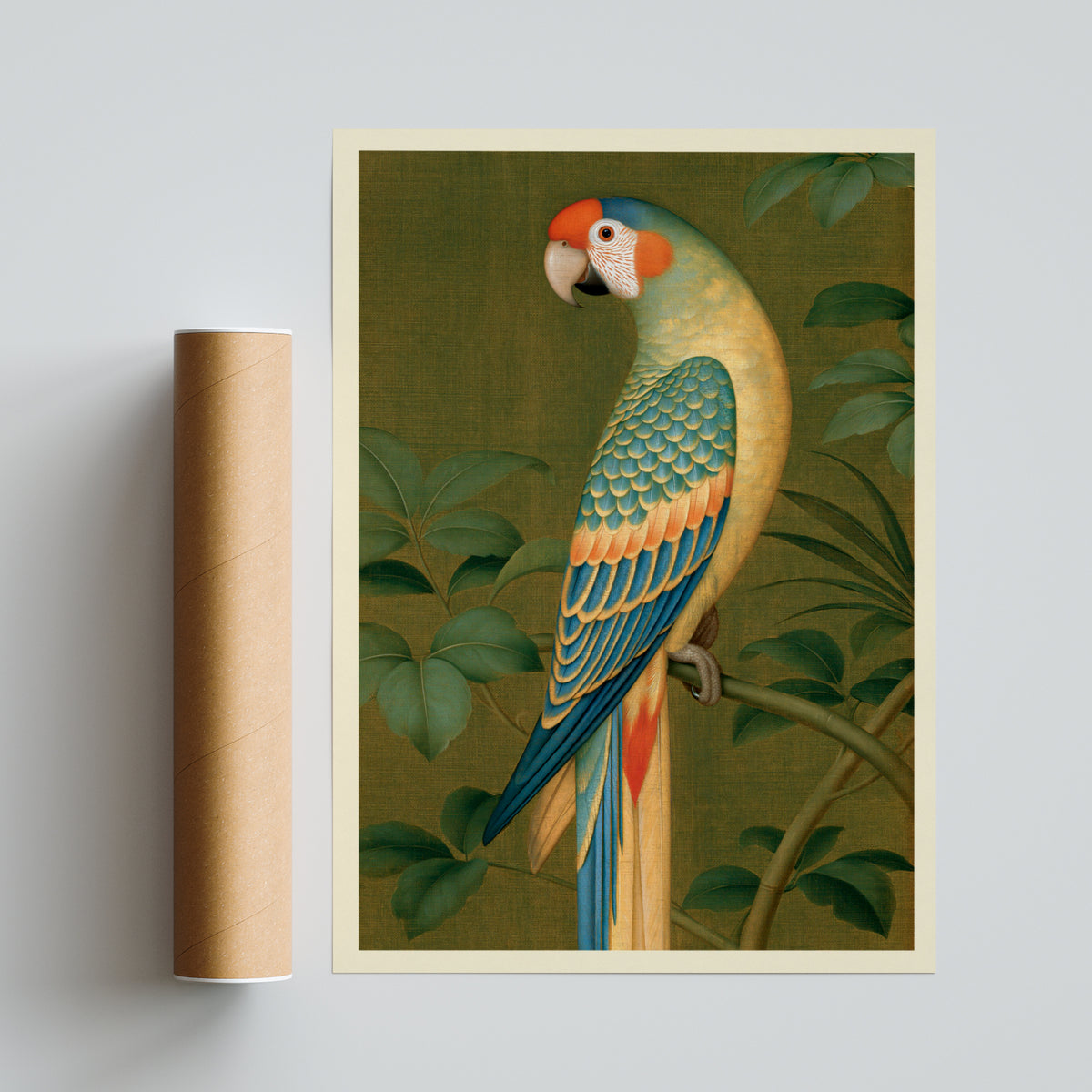 Vintage Parrot Wall Art, Tropical Bird Print, Classic Botanical Poster, Olive Green Jungle Decor