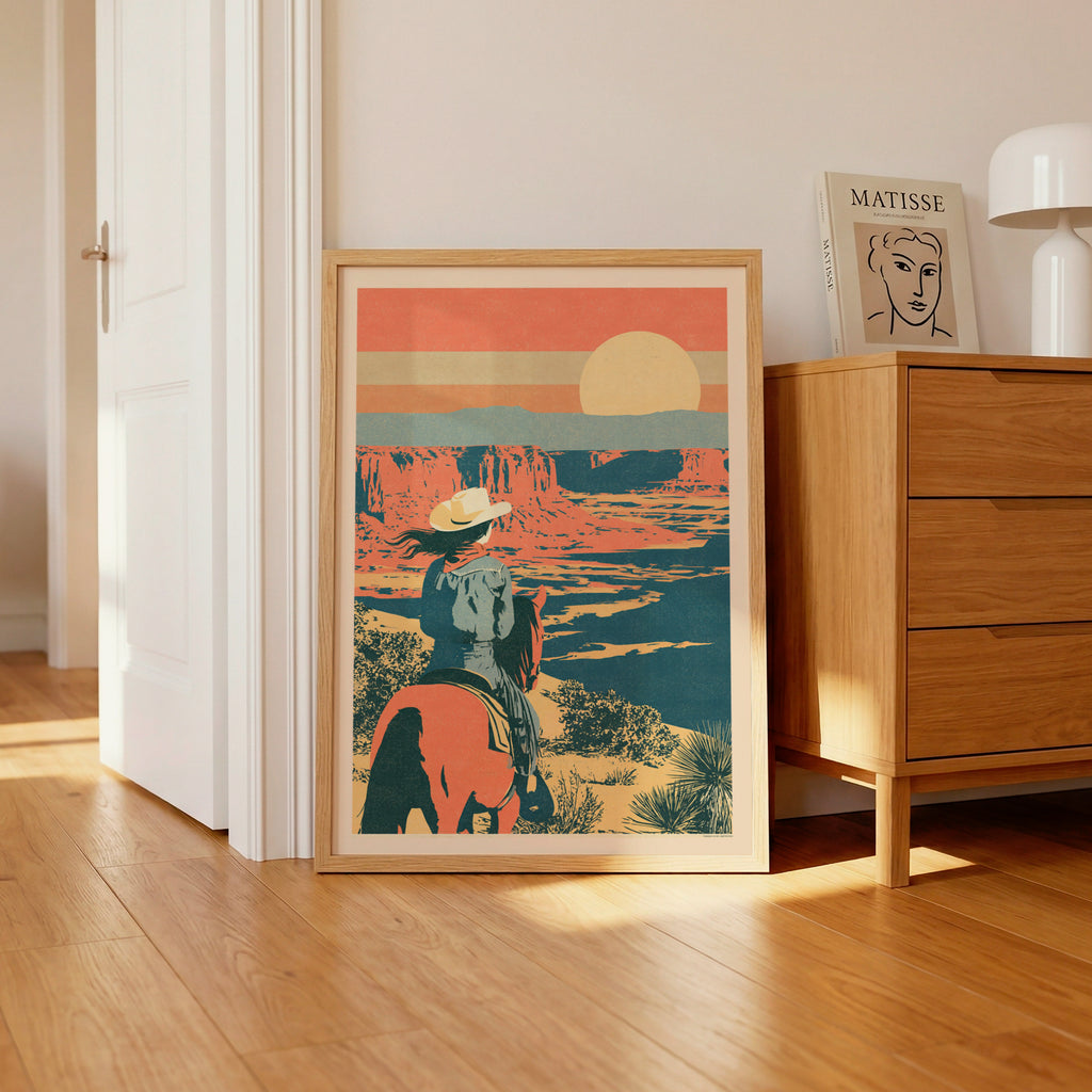 Retro Desert Canyon Sunset Print, Vintage Travel Poster, Cowgirl on Horseback, Southwest Wall Art