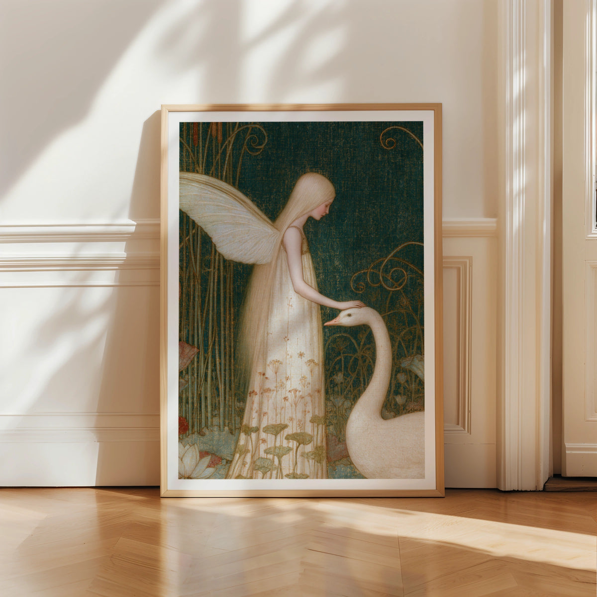 Fairy and Swan Print, Classic Folk Art Poster, Ethereal Fantasy Wall Art, Teal Gold Whimsical