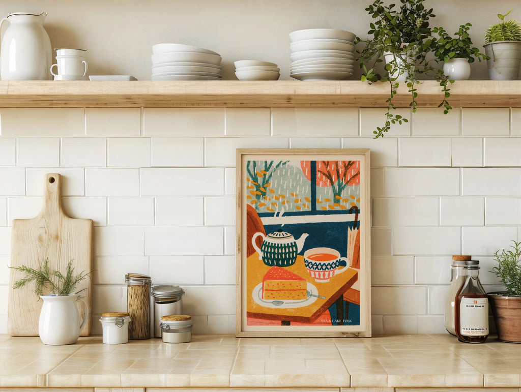 Vintage Food Poster Print, Tea and Cake Cafe Art, Rustic Kitchen Decor, Retro Mid Century Risograph