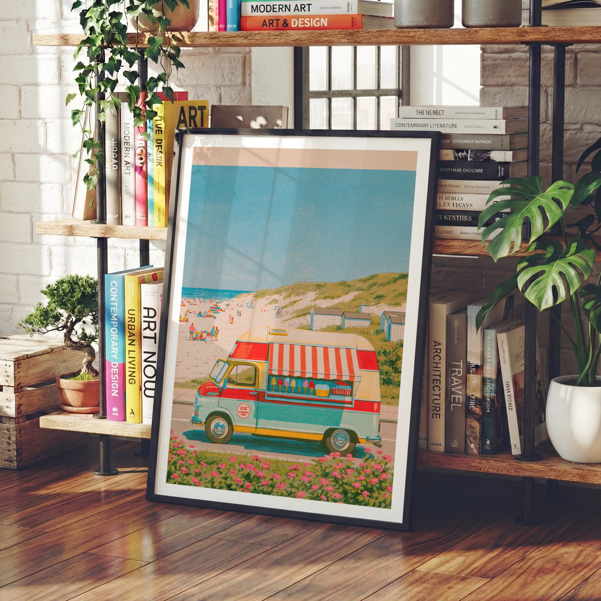 Retro Ice Cream Van Beach Poster, Vintage Travel Summer Print, Coastal Wall Art