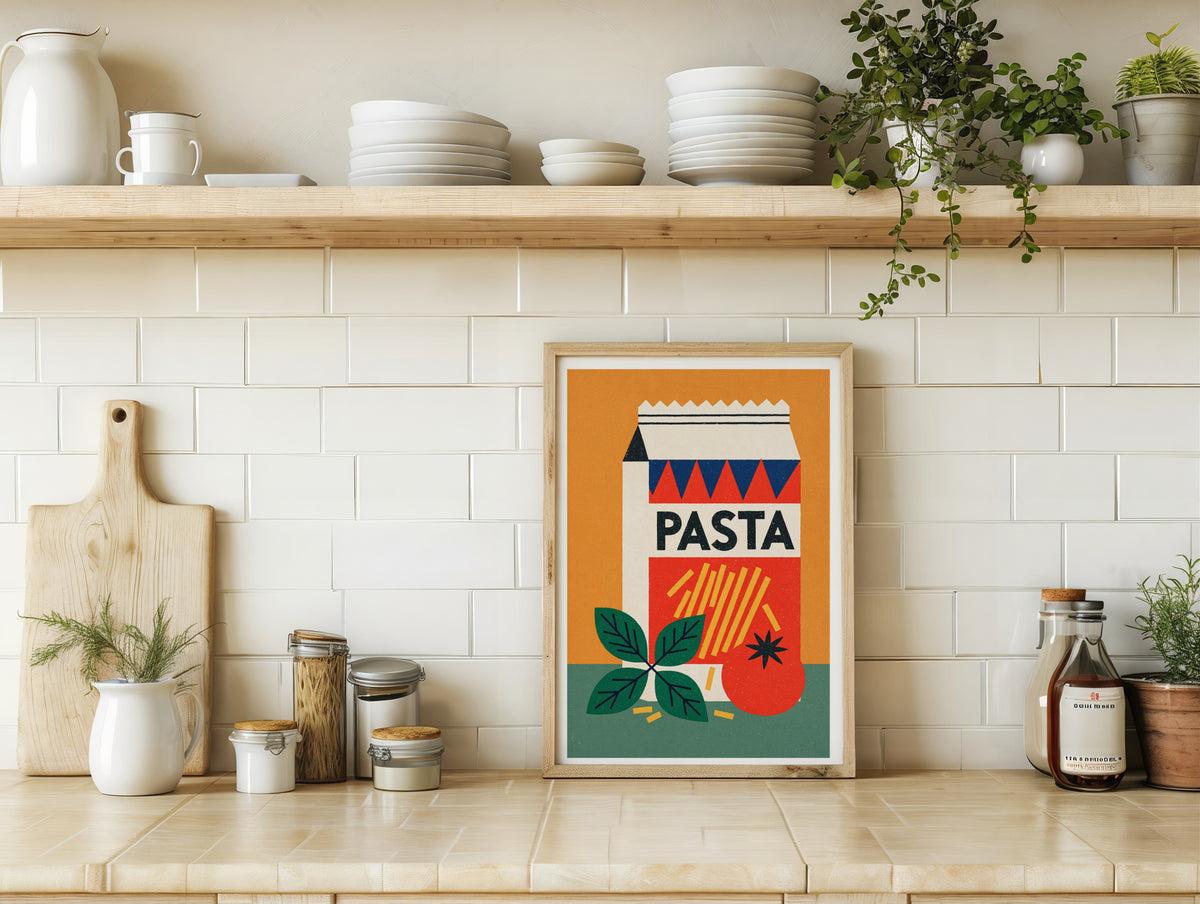 Vintage Food Poster Print, Pasta Retro Mid Century Risograph, Rustic Kitchen Decor Wall Art