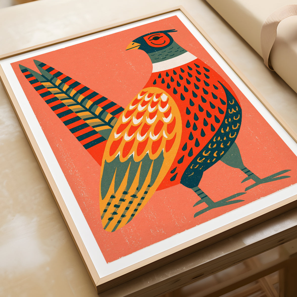 Retro Pheasant Wall Art, Vintage Style Bird Print, Folk Art Poster, Coral Orange Kitchen Decor