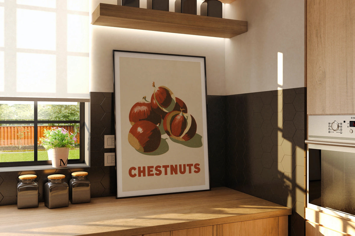 Chestnuts Vintage Food Poster Print | Rustic Kitchen Decor | Retro Mid Century Risograph Art