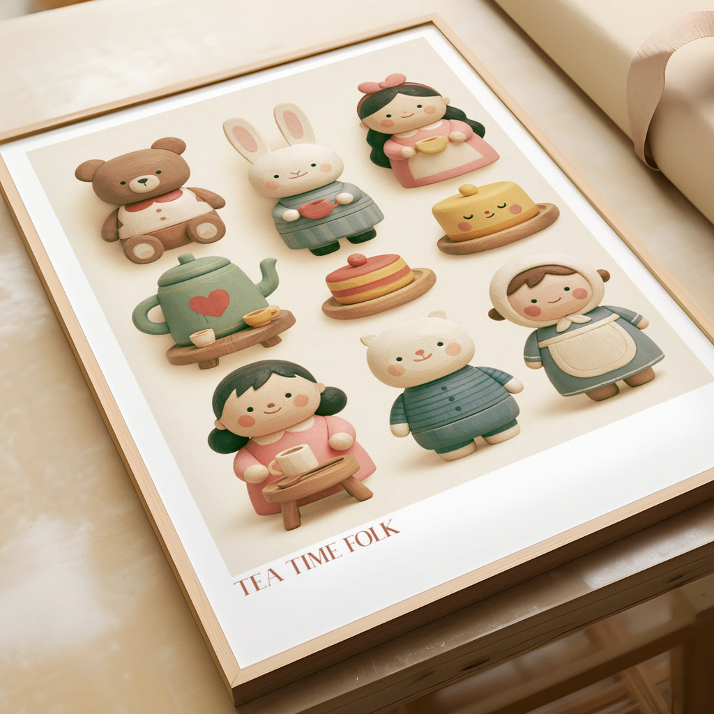 Tea Time Folk Retro Nursery Poster, Cute Wooden Toy Characters Children's Print, Kids Wall Art