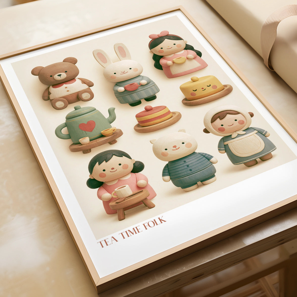 Tea Time Folk Retro Nursery Poster, Cute Wooden Toy Characters Children's Print, Kids Wall Art