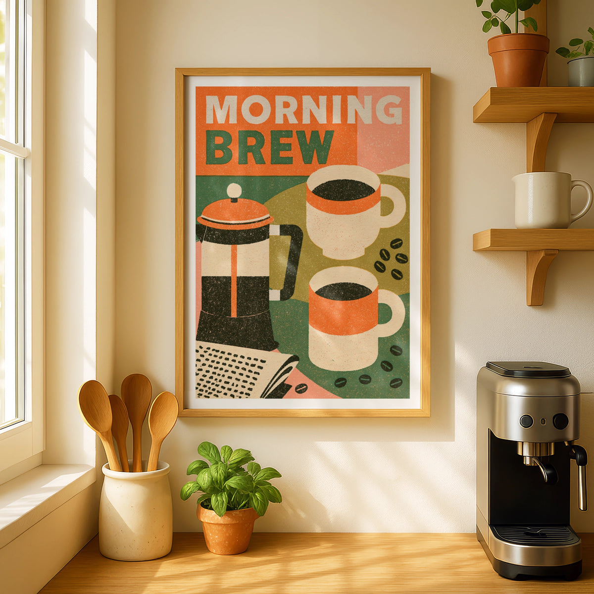 Morning Brew Coffee Poster Print, Vintage Food Poster Print, Rustic Kitchen Decor, Retro Mid Century Kitchen Art
