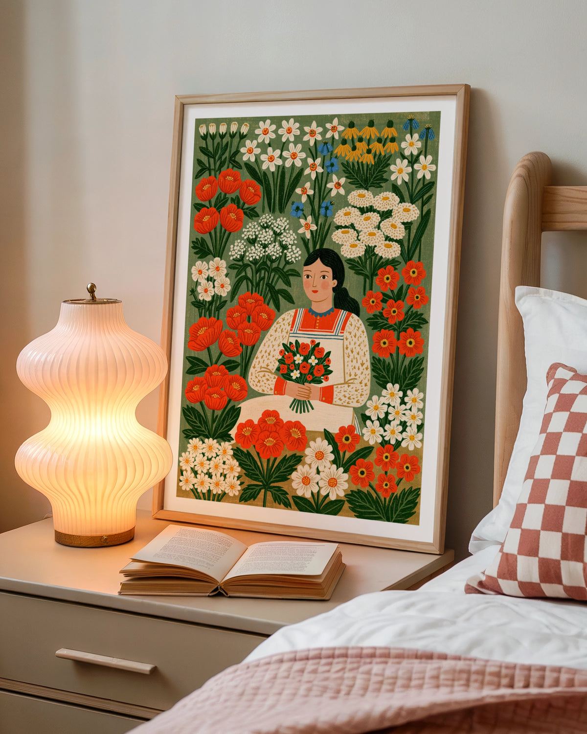 Vintage Flower Girl Poster, Folk Art Floral Print, Botanical Garden Wall Art, Cottagecore Decor