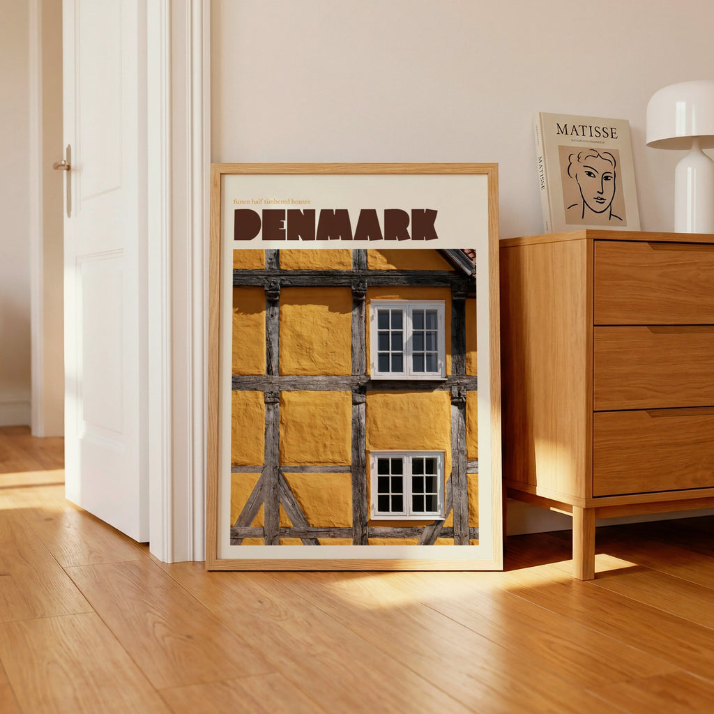 Denmark Contemporary Travel Poster, Funen Half Timbered Houses, Scandinavian Wall Art Print