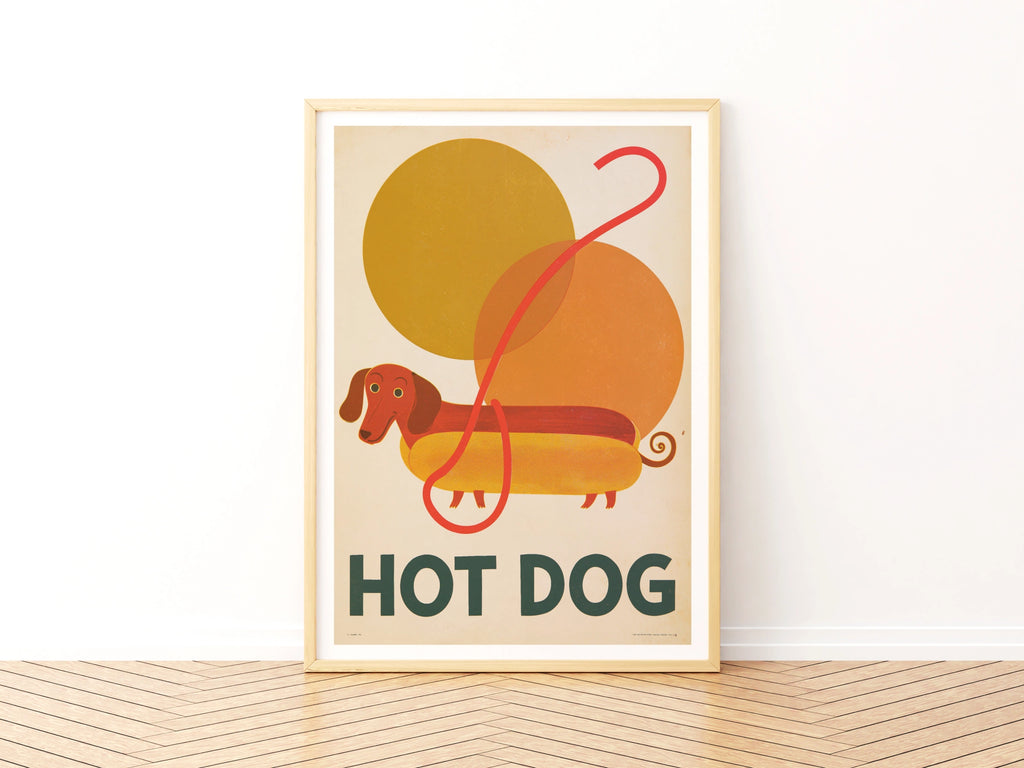 Hot Dog Dachshund Retro Print, Vintage Style Sausage Dog Wall Art, Mid Century