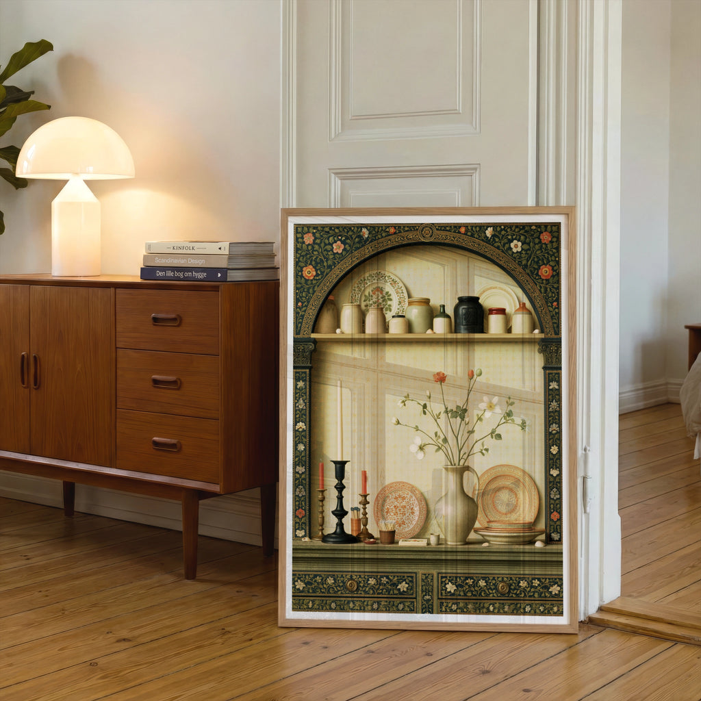 Classic Kitchen Shelf Still Life Print, Vintage Pottery Floral Wall Art Poster