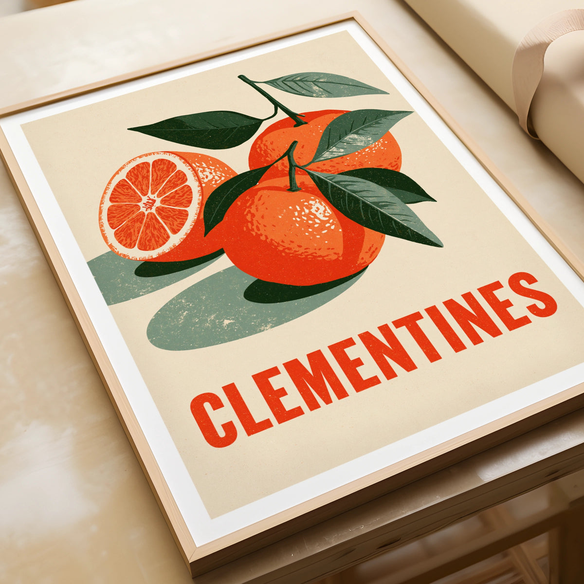 Clementines Vintage Food Poster Print | Rustic Kitchen Decor | Retro Mid Century Risograph Art
