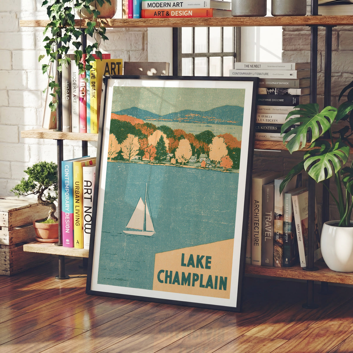 Lake Champlain Retro Travel Poster, Vintage Travel Print, Sailboat Autumn Lake Wall Art Vermont