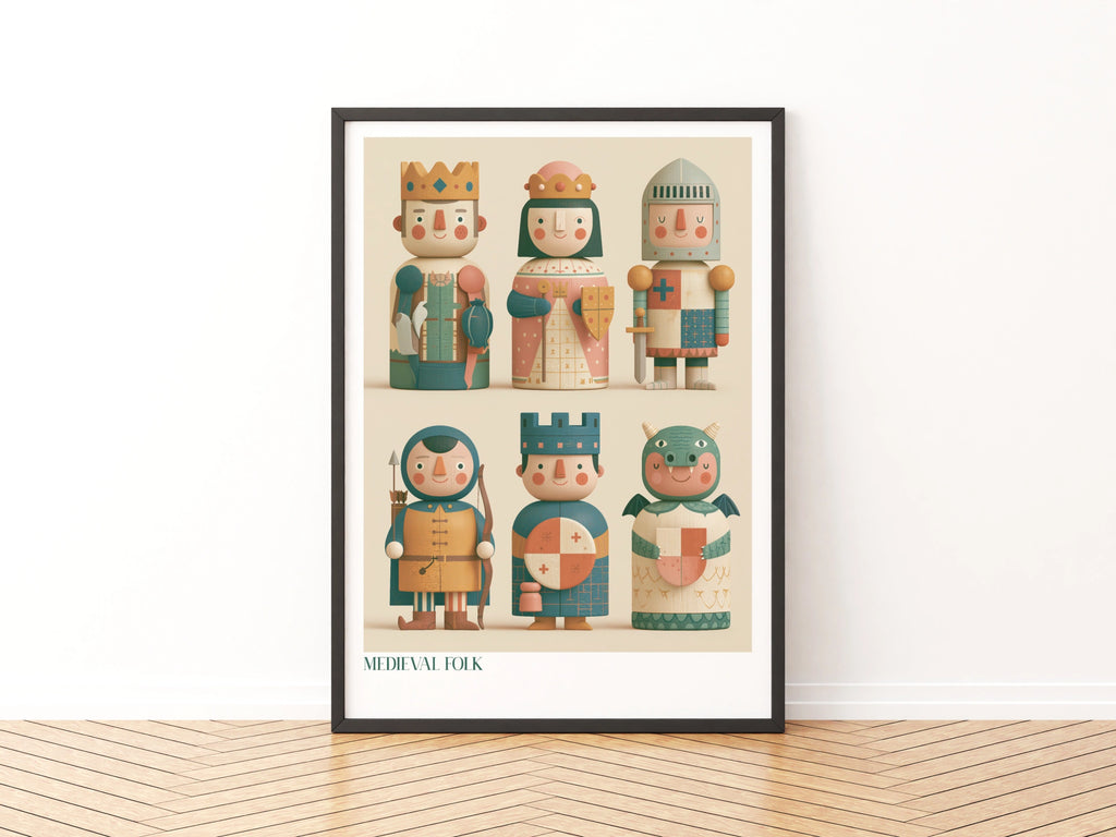 Medieval Folk Kids Wall Art, Retro Children's Print, Knight King Dragon Nursery Poster