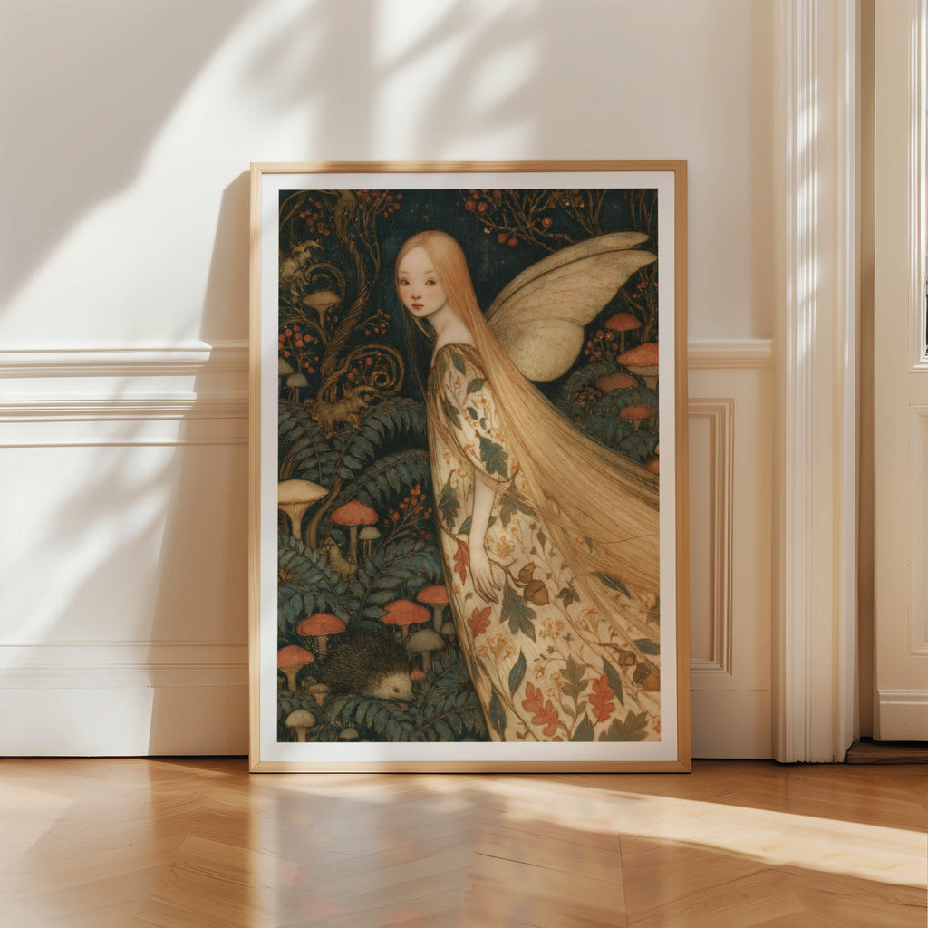 Hedgehog Fairy Art Print, Woodland Fairy Poster, Mushroom Forest Wall Art, Classic Folk Illustration