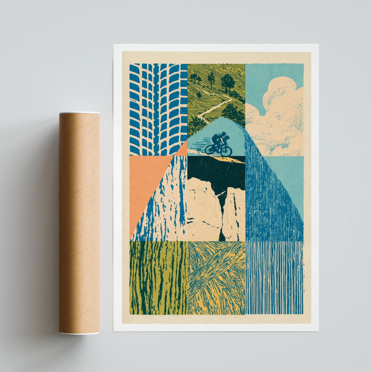 Mountain Bike Retro Print, MTB Trail Poster, Vintage Cycling Wall Art, Linocut Style Gift